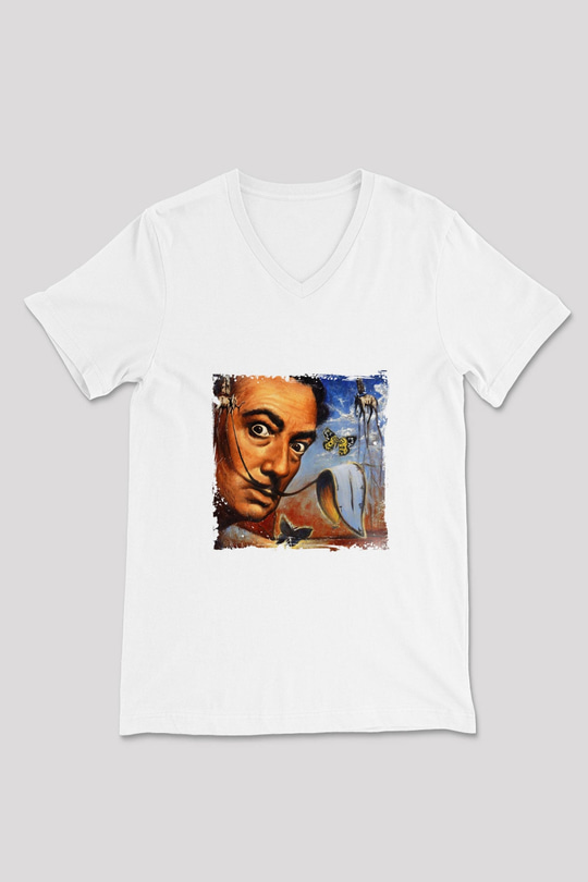 Salvador Dali Baskılı V Yaka Unisex Beyaz Tişört