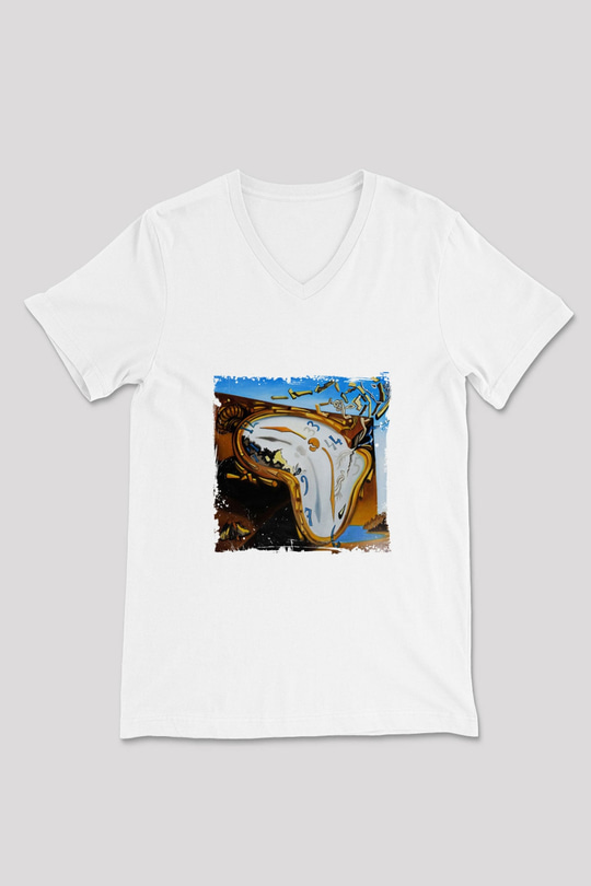 Salvador Dali Baskılı V Yaka Unisex Beyaz Tişört