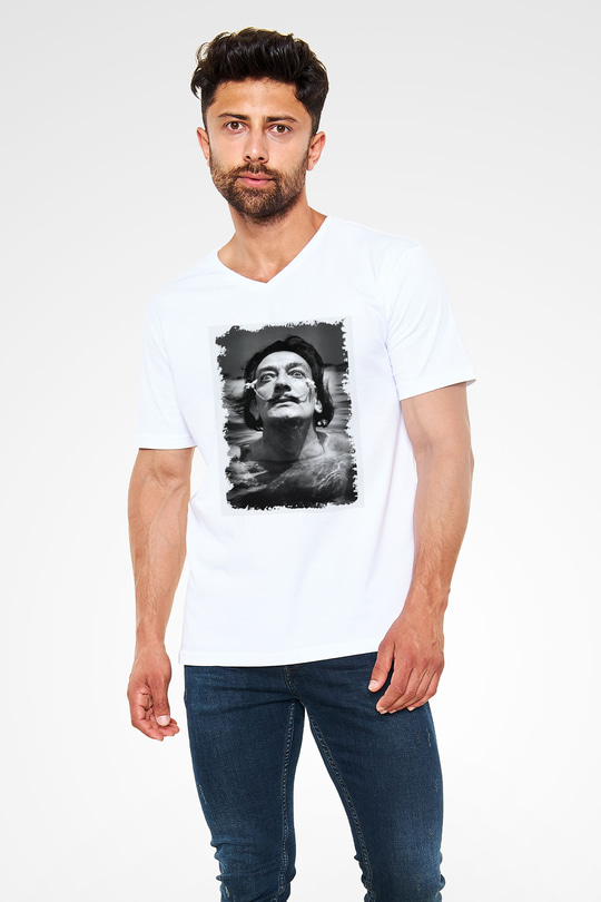 Salvador Dali Beyaz Unisex V Yaka Tişört T-Shirt