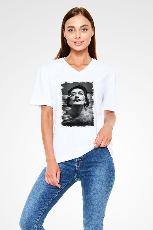 Salvador Dali Beyaz Unisex V Yaka Tişört T-Shirt
