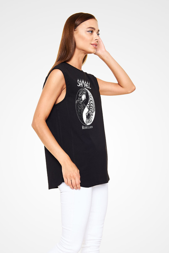 Samael Baskılı Unisex Siyah Kolsuz Tişört - Tshirt