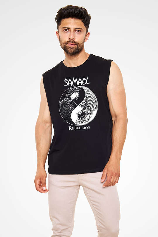 Samael Baskılı Unisex Siyah Kolsuz Tişört - Tshirt