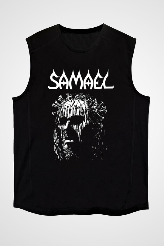 Samael Baskılı Unisex Siyah Kolsuz Tişört - Tshirt