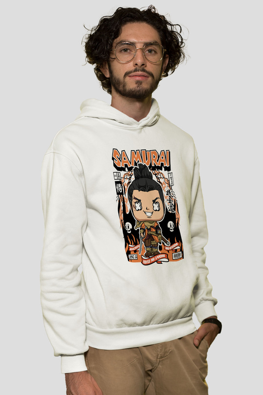 Samurai Baskılı Unisex Beyaz Hoodie