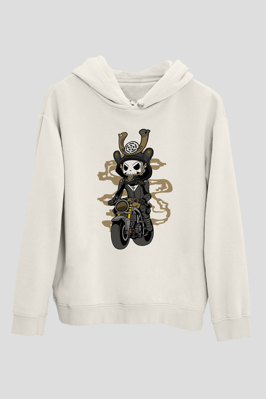 Samurai Biker Baskılı Beyaz Unisex Hoodie