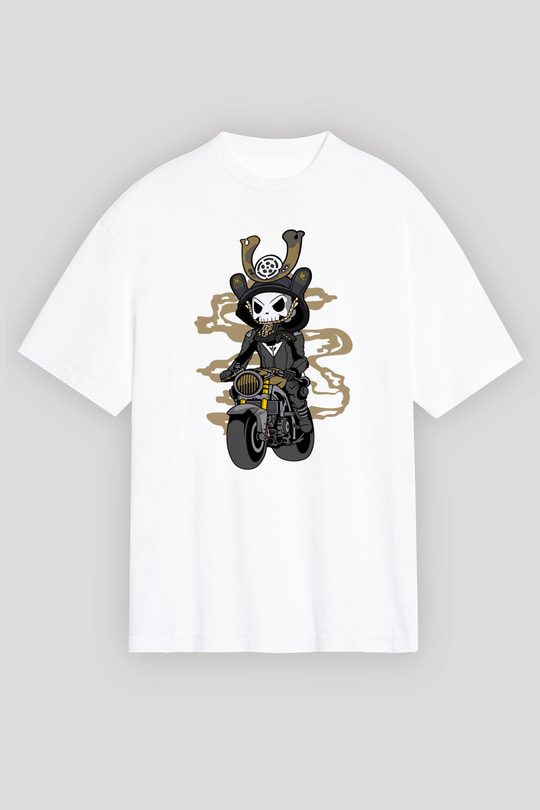 Samurai Biker Baskılı Beyaz Unisex Oversize Tişört