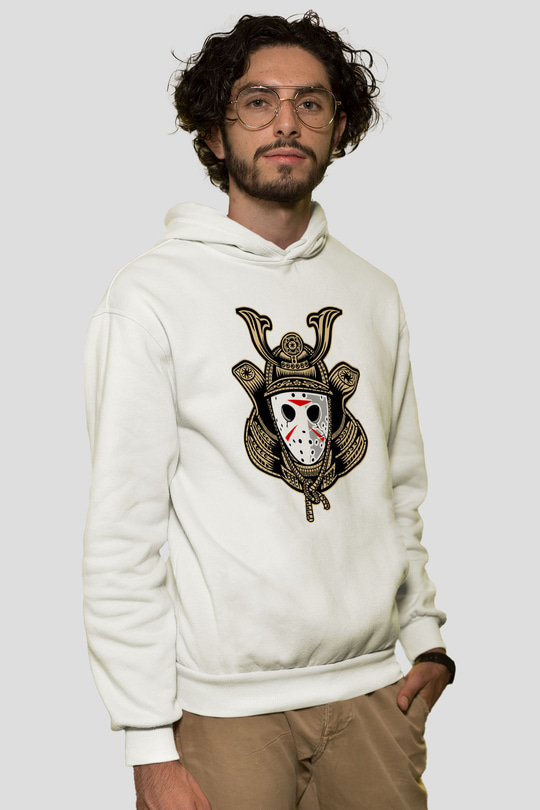 Samurai Jason Baskılı Beyaz Unisex Hoodie