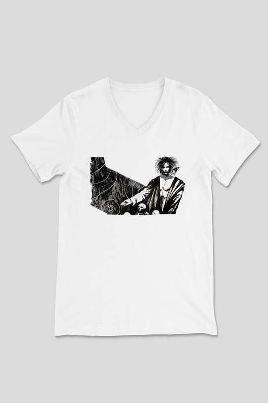 Sandman Baskılı Beyaz Unisex V Yaka Tişört - Tshirt