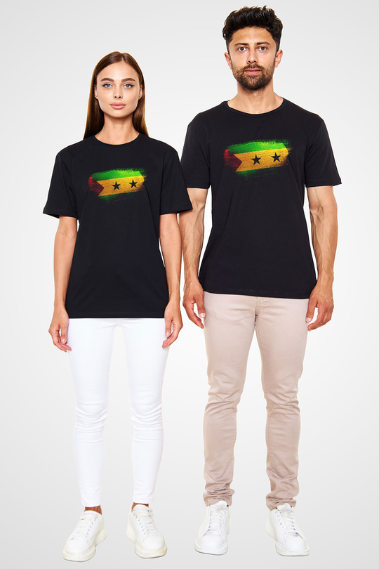 Sao Tome Principe Bayrağı Baskılı Unisex Siyah Tişört