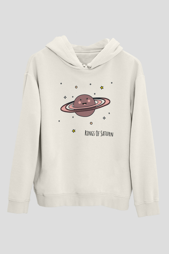 Satürn Beyaz Unisex Kapşonlu Sweatshirt