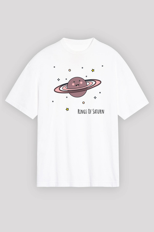 Satürn Beyaz Unisex Oversize Tişört T-Shirt