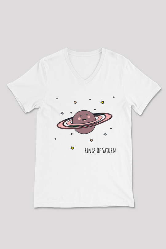 Satürn Beyaz Unisex V Yaka Tişört T-Shirt