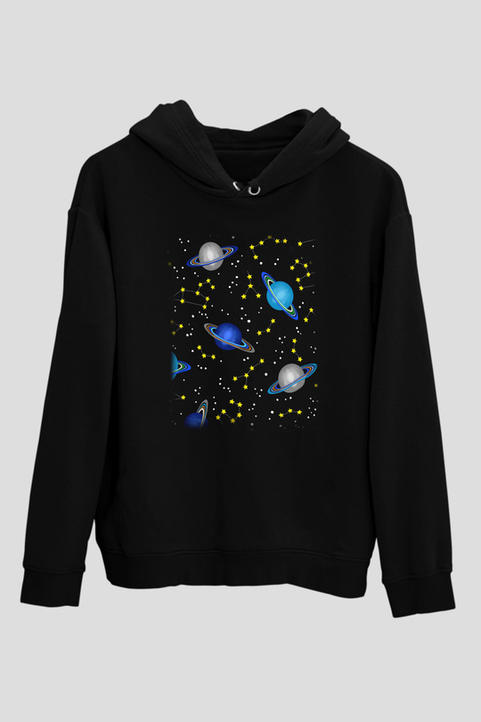 Satürn Siyah Unisex Hoodie