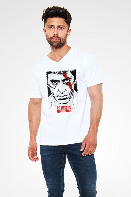 Scarface Beyaz Unisex V Yaka Tişört