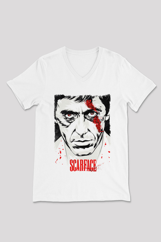 Scarface Beyaz Unisex V Yaka Tişört
