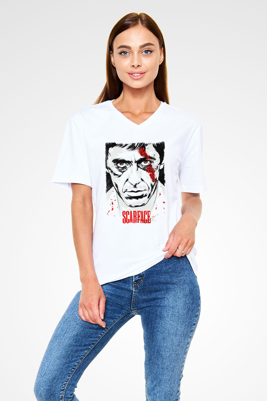 Scarface Beyaz Unisex V Yaka Tişört