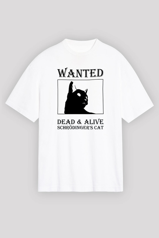 Schrödingerin Kedisi Aranıyor Baskılı Unisex Oversize Beyaz Tişört - Tshirt