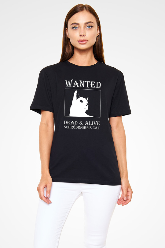 Schrödingerin Kedisi Aranıyor Baskılı Unisex Siyah Tişört - Tshirt