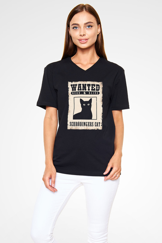 Schrödingerin Kedisi Aranıyor İlan Baskılı Unisex V Yaka Siyah Tİşört - Tshirt