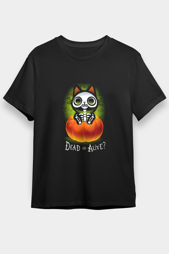 Schrödingerin Kedisi Balkabağı Baskılı Unisex Siyah Tişört - Tshirt
