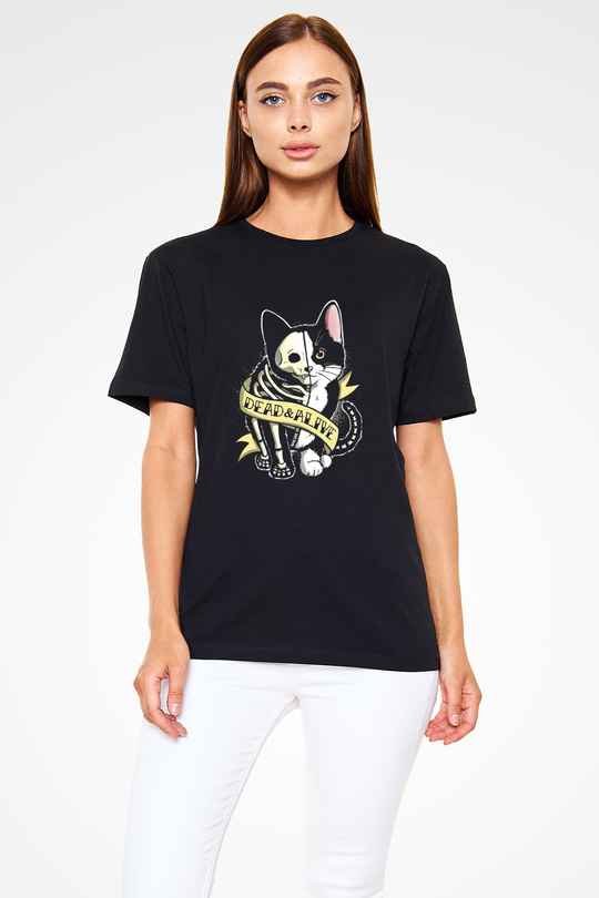 Schrödingerin Kedisi Canlı Ölü Baskılı Unisex Siyah Tişört - Tshirt