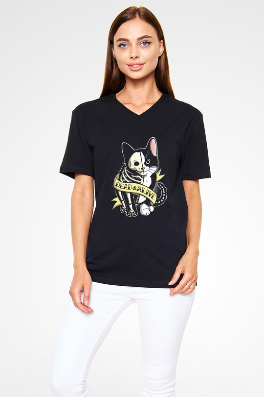 Schrödingerin Kedisi Canlı Ölü Baskılı Unisex V Yaka Siyah Tİşört - Tshirt