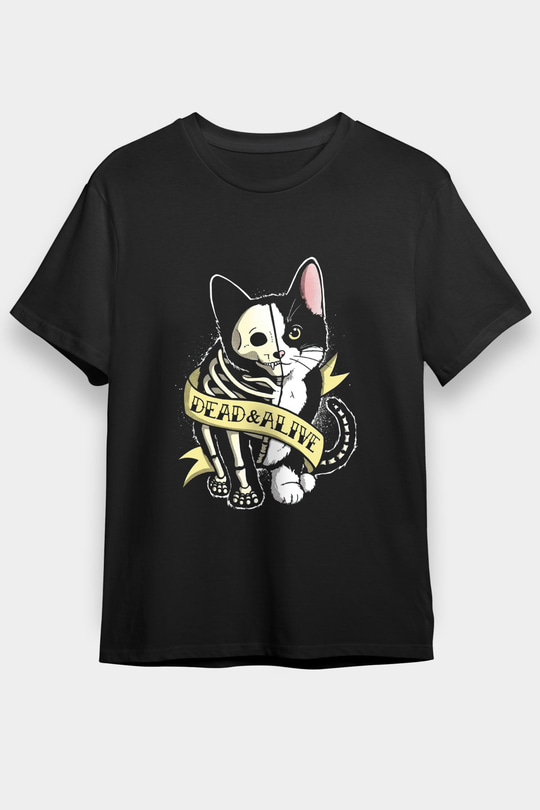Schrödingerin Kedisi Canlı Ölü Baskılı Unisex Siyah Tişört - Tshirt