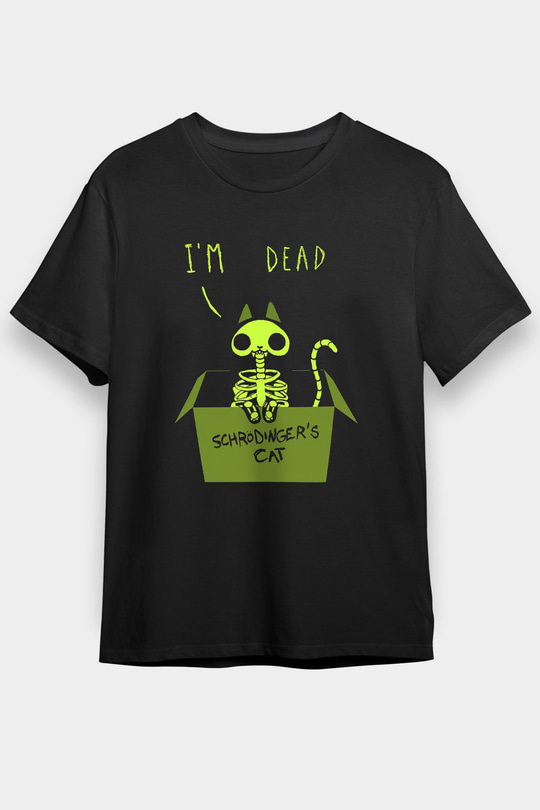 Schrödingerin Kedisi İskelet Baskılı Unisex Siyah Tişört - Tshirt