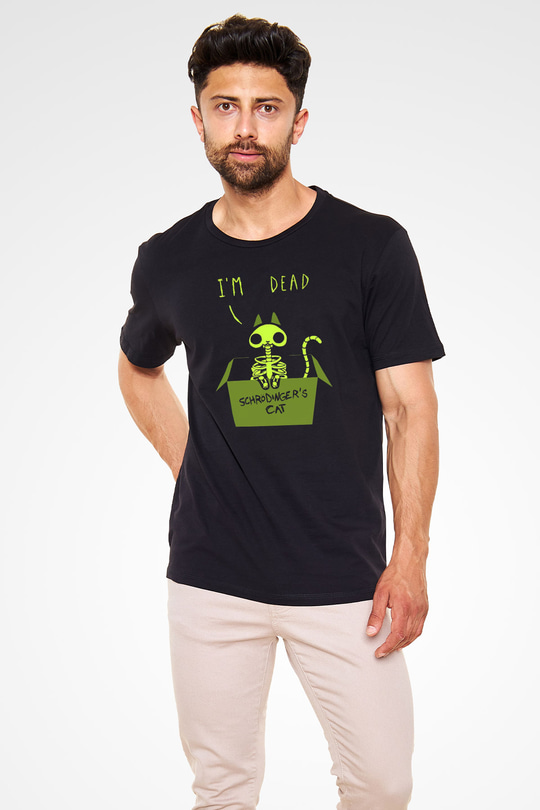 Schrödingerin Kedisi İskelet Baskılı Unisex Siyah Tişört - Tshirt