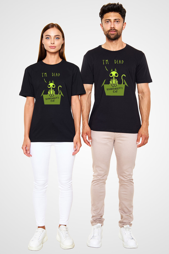 Schrödingerin Kedisi İskelet Baskılı Unisex Siyah Tişört - Tshirt
