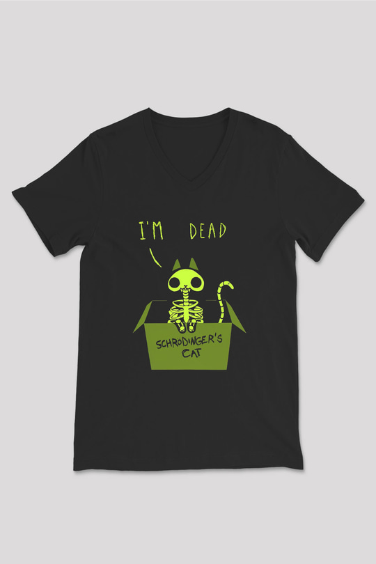 Schrödingerin Kedisi İskelet Baskılı Unisex V Yaka Siyah Tİşört - Tshirt