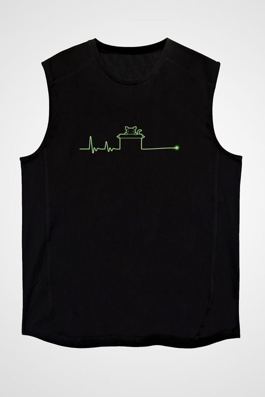 Schrödingerin Kedisi Kalp Ritmi Baskılı Unisex Kolsuz Siyah Tişört - Tshirt