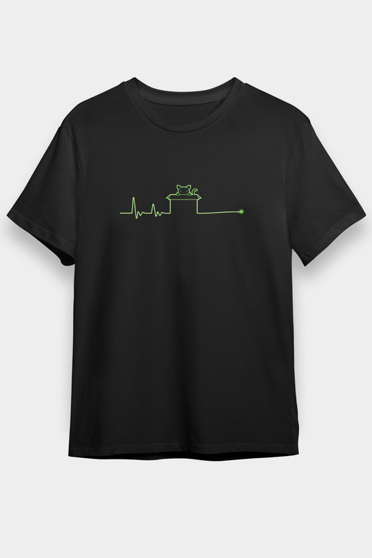 Schrödingerin Kedisi Kalp Ritmi Baskılı Unisex Siyah Tişört - Tshirt