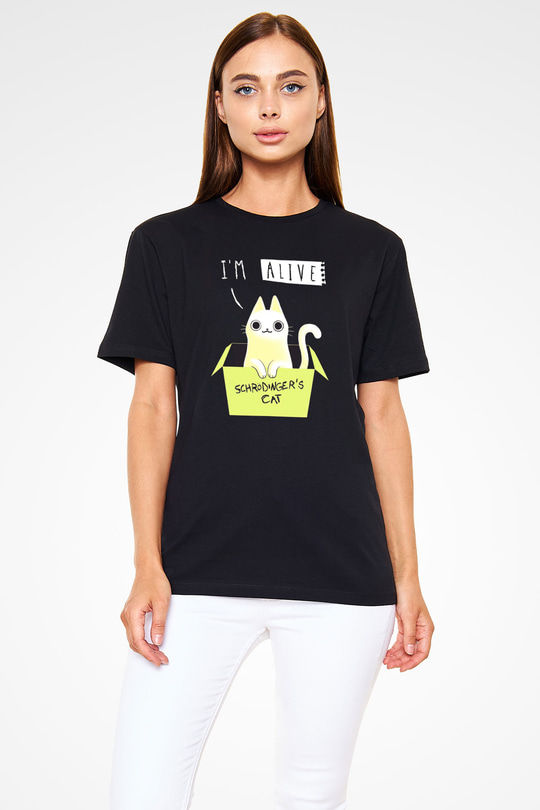 Schrödingerin Kedisi Kutu Baskılı Unisex Siyah Tişört - Tshirt