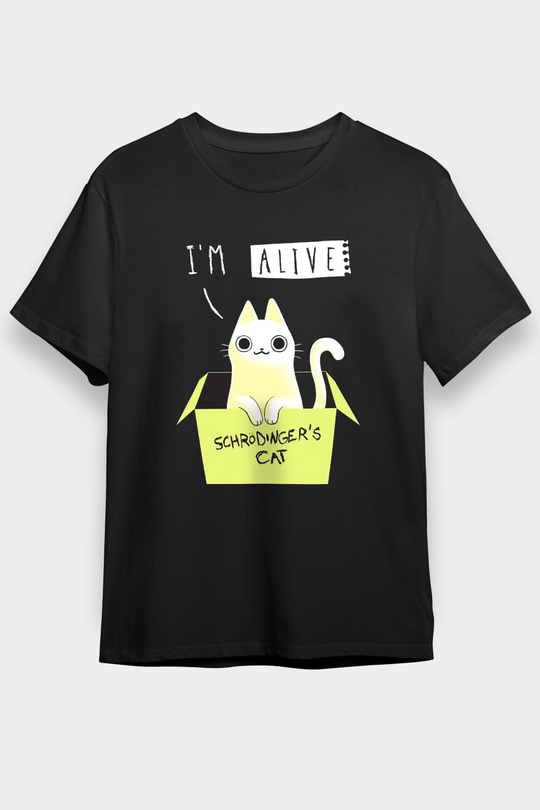 Schrödingerin Kedisi Kutu Baskılı Unisex Siyah Tişört - Tshirt