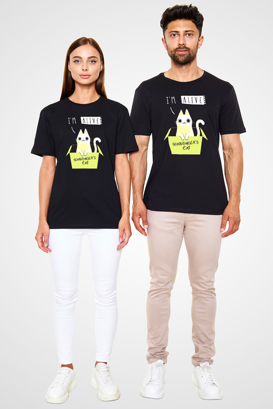 Schrödingerin Kedisi Kutu Baskılı Unisex Siyah Tişört - Tshirt