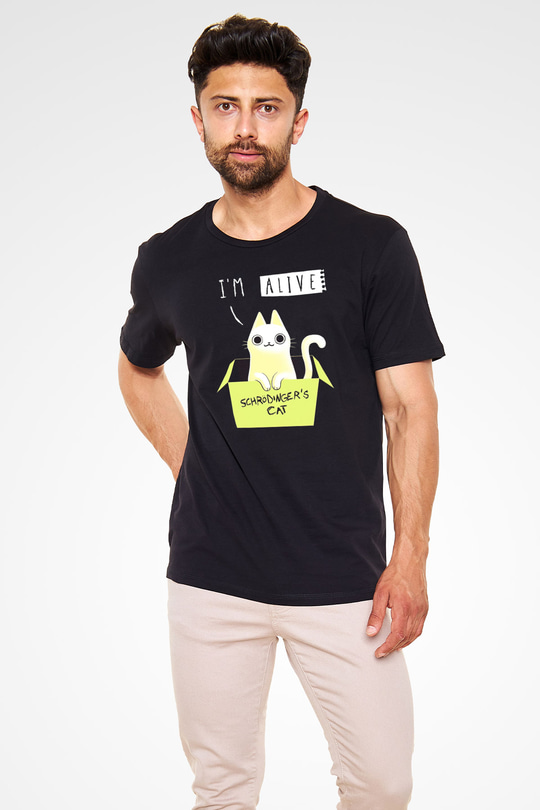 Schrödingerin Kedisi Kutu Baskılı Unisex Siyah Tişört - Tshirt