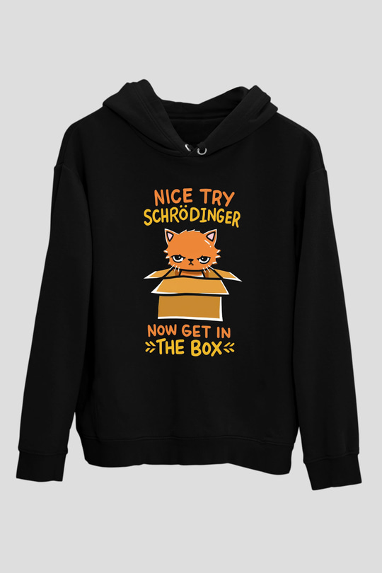 Schrödingerin Kedisi Kutuda Baskılı Unisex Siyah Kapüşonlu Sweatshirt