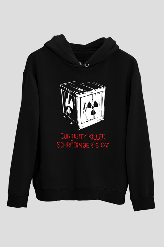 Schrödingerin Kedisi Kutuda  Baskılı Unisex Siyah Hoodie
