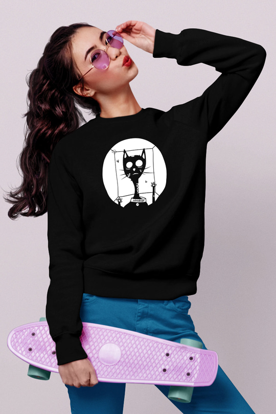 Schrödingerin Kedisi Kutuda Baskılı Unisex Siyah Sweatshirt