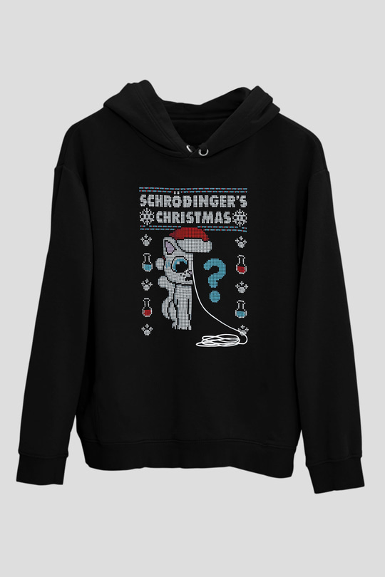Schrödingerin Kedisi Noel Baskılı Unisex Siyah Kapüşonlu Sweatshirt