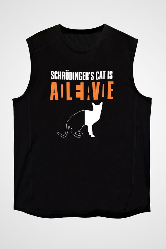 Schrödingerin Kedisi Ölü Canlı Baskılı Unisex Kolsuz Siyah Tişört - Tshirt