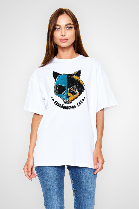 Schrödingerin Kedisi Ölü-Diri Baskılı Unisex Oversize Beyaz Tişört - Tshirt