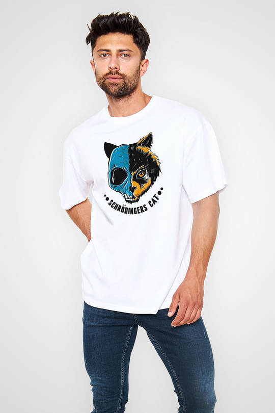 Schrödingerin Kedisi Ölü-Diri Baskılı Unisex Oversize Beyaz Tişört - Tshirt
