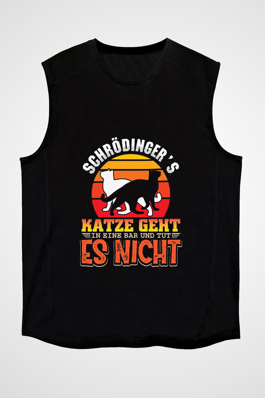 Schrödingerin Kedisi Renkli Baskılı Unisex Kolsuz Siyah Tişört - Tshirt