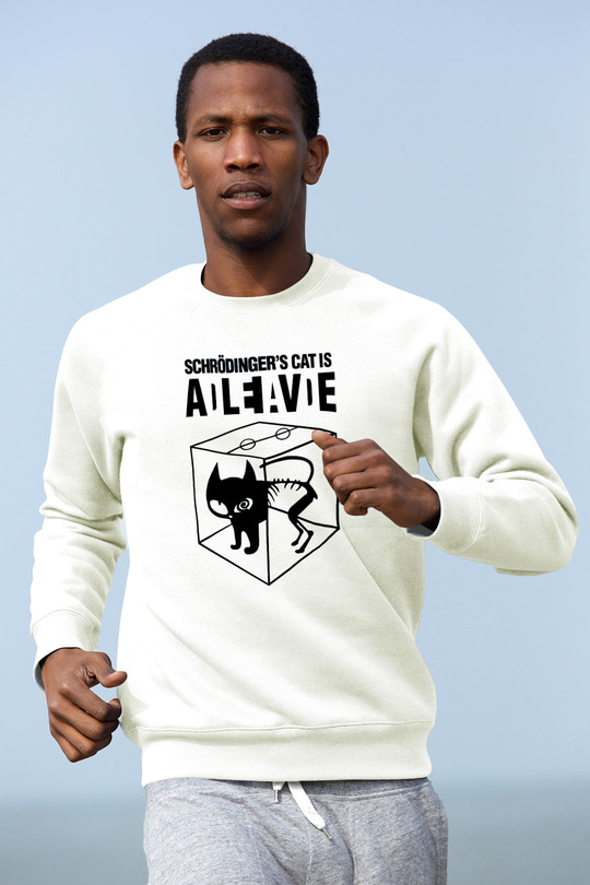 Schrödingerin Kedisi Süperpozisyon Baskılı Unisex Beyaz Sweatshirt
