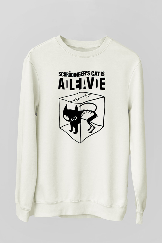 Schrödingerin Kedisi Süperpozisyon Baskılı Unisex Beyaz Sweatshirt