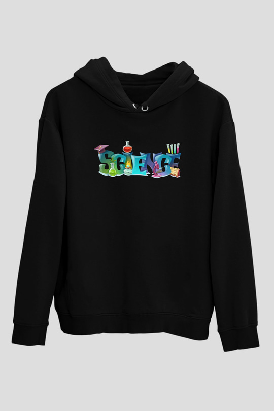 Science Baskılı Unisex Siyah Hoodie