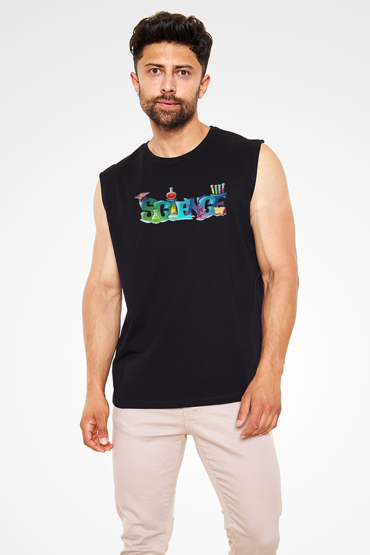 Science Baskılı Unisex Siyah Kolsuz Tişört