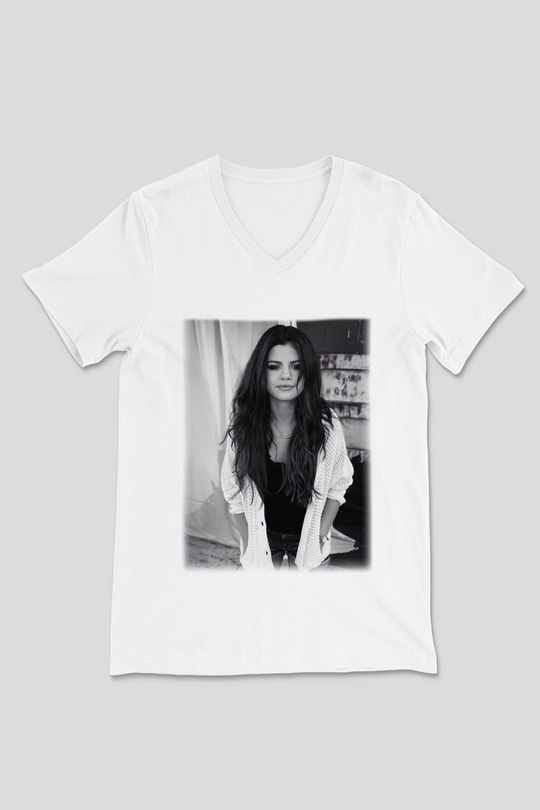 Selena Gomez Beyaz Unisex V Yaka Tişört T-Shirt